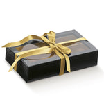 Scatola cioccolatini, dolci, in fibra oro con fascia in pvc trasparente