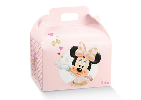 Scatola Minnie rosa a forma di valigetta. Per feste, confetti, cerimonie.